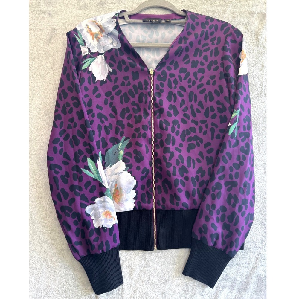 Ted Baker Wilderness Purple Leopard Floral Zip Bomber Jacket Size 2 US 4 6 Women